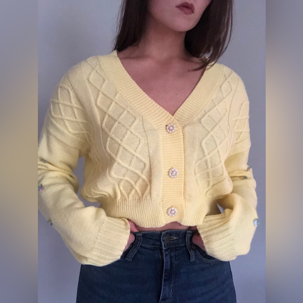 Cropped Knit Sweater With Rose Appliques